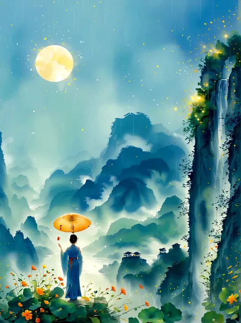 Cai GuoRUNs illustration style, 1girl, A woman in a long skirt stands on a cliff and looks up at the starry sky, Goddess of space, Milky Way Goddess, Goddess of Heaven, Astral Ethereal, dream, Beautiful celestial wizard, Beautiful fantasy painting, Beautif...