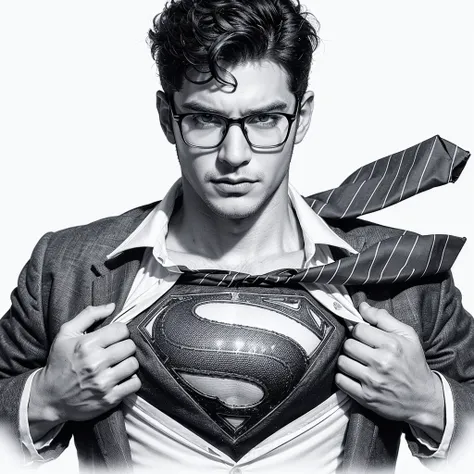 Create a hyperdetailed black and white pencil sketch of a man with short curly hair opening the top portion of a button up dress shirt to reveal a full colored Superman red logo in press body T-shirt chest underneath. He is wearing a necktie and horn rim g...