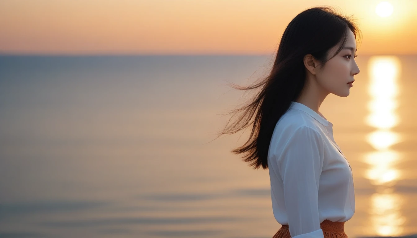 K Realistic, living photos, Realistic appearance of nature, , Side view looking at the sea at sunset. Close-up beautiful woman look , Side view of an Asian woman wearing a light skirt, burning sunset light, medium hair, 1 woman