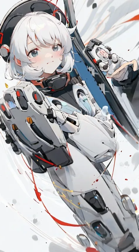 Anime girl, white hair, bangs, eye mask covering eyes and nose, robotic arms, holding eyemask aloft, style fusion of Atey Ghailan and Katsuhiro Otomo, with a blend of soft, pastel colors and dynamic sci-fi elements, digital painting, ultra fine, cinematic