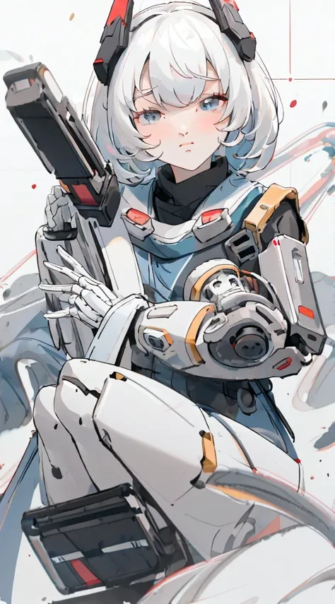 Anime girl, white hair, bangs, eye mask covering eyes and nose, robotic arms, holding eyemask aloft, style fusion of Atey Ghailan and Katsuhiro Otomo, with a blend of soft, pastel colors and dynamic sci-fi elements, digital painting, ultra fine, cinematic