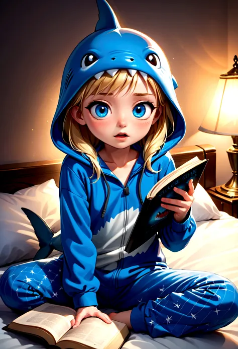 A cute girl (age 10, blonde, big blue eyes) in her shark themed pajamas complete with hoody. Sitting up in bed, reading a shark book by flashlight.
