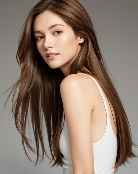 whole body、A woman with long brown hair and a white top, Light brown hair, Light brown hair, Natural brown hair, thin and shiny hair, Soft Hair, Light brown silky hair, Brown Haired Girl, Flowing brown hair, Beautiful light brown hair, Light brown hair, St...