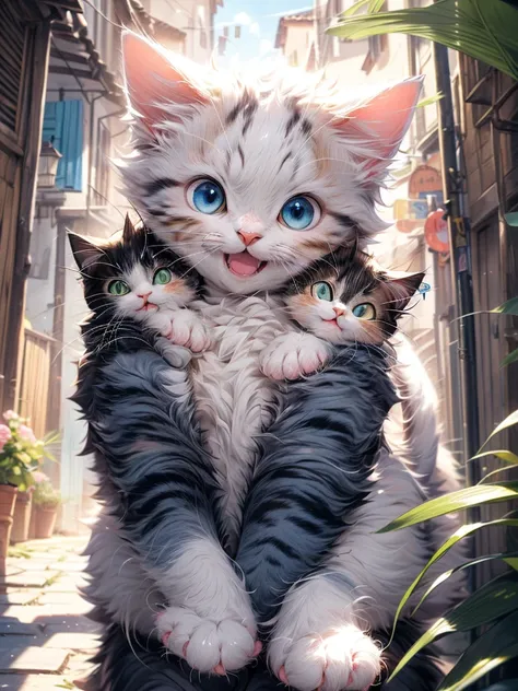 absurderes, ultra-detailliert,bright colour,(8K:1.5),masuter piece,Bright scenery、For that, the blue sky、extremely beautiful detailed face and eyes,(Cat personification:1.4)、(Deep Blue Eyes:1.4) Valley、Pink skin、Summer morning、A back alley with lots of flo...