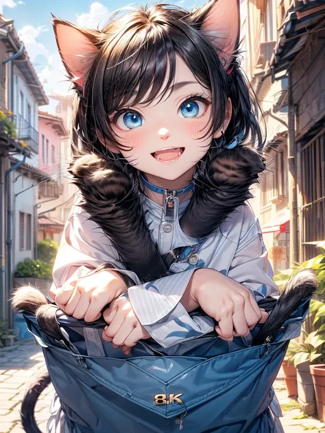 absurderes, ultra-detailliert,bright colour,(8K:1.5),masuter piece,Bright scenery、For that, the blue sky、extremely beautiful detailed face and eyes,(Cat personification:1.4)、(Deep Blue Eyes:1.4) Valley、Pink skin、Summer morning、A back alley with lots of flo...