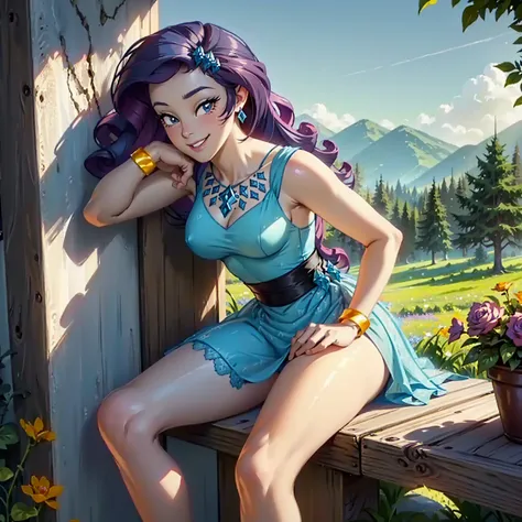 (((beautiful female body))),(((rarity as a sweet charming hot seductive horny girl))) ,(((sit on wall next to flowerfield legs up)))),(((landscape in background))),(((lewd and erotic posing))), (((happy wicked smile))) ,(((wear lewd light blue sheer lace t...