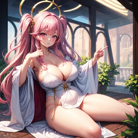 ((best quality)), ((masterpiece)), (detailed), 1girl, goddest, gorgeus, big , thick thigh, white robe, thigh robe, halo, pink hair, pink eyes, sitting