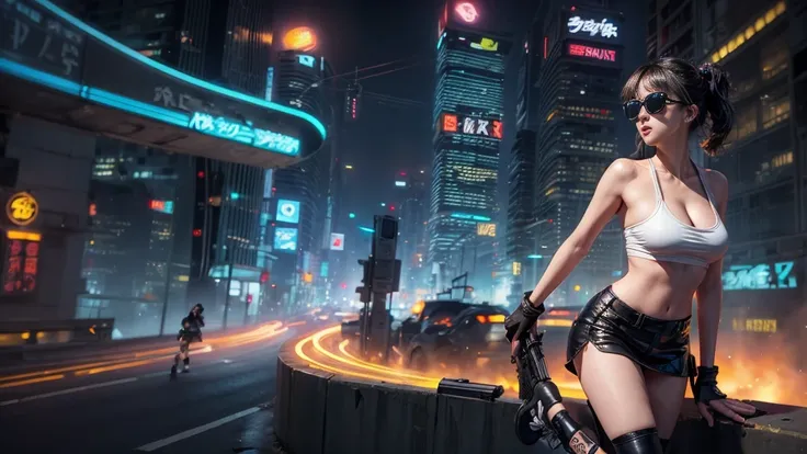 8k, Realistic Skin Texture, Realistic Photo, Neo Tokyo, slim women, large-breast:1.3 cleavage:1.2, AD2050 at night, Dirty hunting jacket, Wearing tube top, miniskirt, (((black sunglasses, automatic rifle, sneakers, cold, shooting pose, very low angle view)...