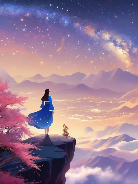 Cai GuoRUNs illustration style, 1girl, A woman in a long skirt stands on a cliff and looks up at the starry sky, Goddess of space, Milky Way Goddess, Goddess of Heaven, Astral Ethereal, dream, Beautiful celestial wizard, Beautiful fantasy painting, Beautif...