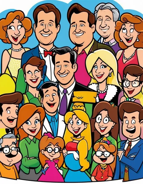 Create a playful and exaggerated cartoon version of the "Married with Children" characters, with quirky expressions and vibrant colors. Think of styles similar to Matt Groening or Butch Hartman.