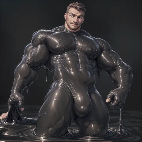 big bulge,tenting,sexy pose:2, on black slime,slime,standing  in black slime tentacles,(((human head:male,bara face,short hair:brown,melting:1))),(in black slime rubber suit,rubber suit:1.5 ),(black slime backgrounds:2 ),(by ross ,by null-ghost, by thebigs...