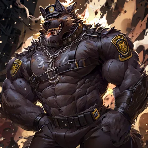 muscular male anthropomorphic german shepherd, black leather harness, police badge, black leather pants, black fur on body, tan fur on body, light light brown fur on body, cigar lit in mouth, black leather collar, silver chain, refined leather, rippling mu...