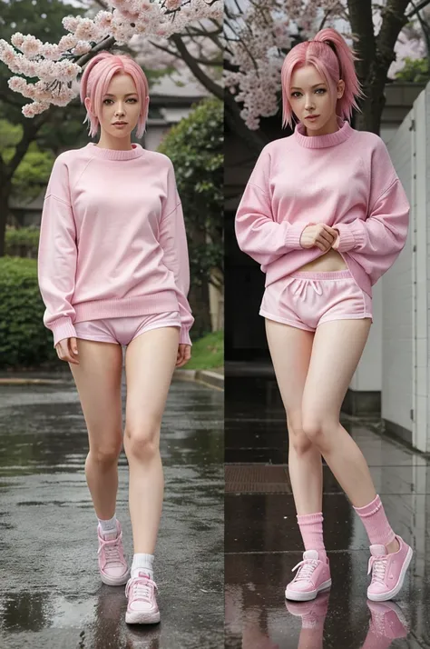 Sakura Haruno pink hair in pink sweater and pink underwear and white shoes in rain.