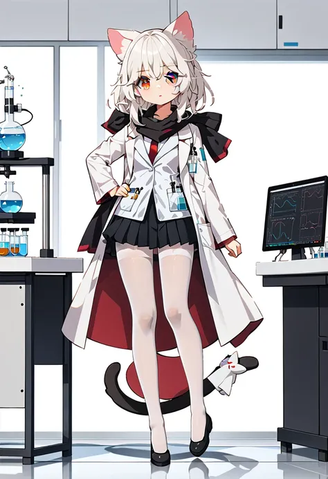 masterpiece, highest quality, highest resolution, clear_image, detailed details, White hair, long hair, cat ears, 1 girl, red eyes, white lab coat (with a black short skirt), white pantyhose, white scarf (around the neck), cute, full body, no water marks, ...