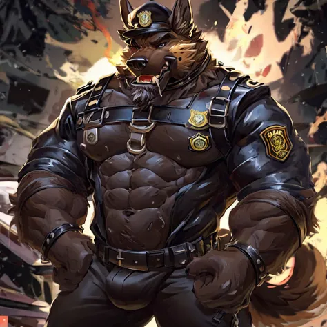 muscular male anthropomorphic german shepherd,open chest, black leather jacket, black leather harness, police badge, black leather pants, black fur on body, tan fur on body, light light brown fur on body, cigar lit in mouth, black leather collar, silver ch...