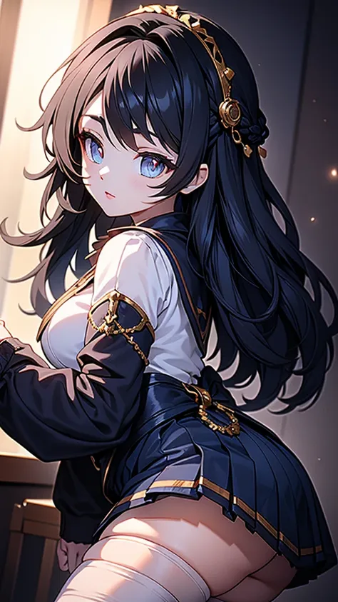 braid，单条braid，dress，蓝色dress，blue skirt，black hair，black hair，golden eyes，golden pupils，lace decoration，white knee socks，white ga...