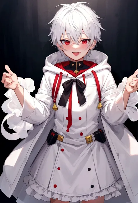 ((A boy))，adorable captivating, white hair , red eyes , white albine skin , boy , in hood He is smiling , showing the tongue ,The blush gradually rises，Shy, But handsome。, boy , 1boy ,The picture style is fresh and simple，Rendered like a comic，The lens is ...