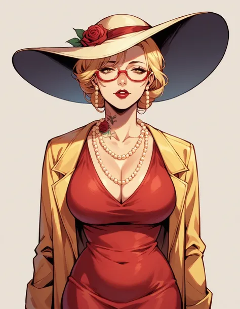 blonde hair woman, milf, several golden pearl necklaces, long necklaces, red glasses, roses tattoos covering the entire body, thin chin, red dress, red big hat, yellow  jacket, friendly