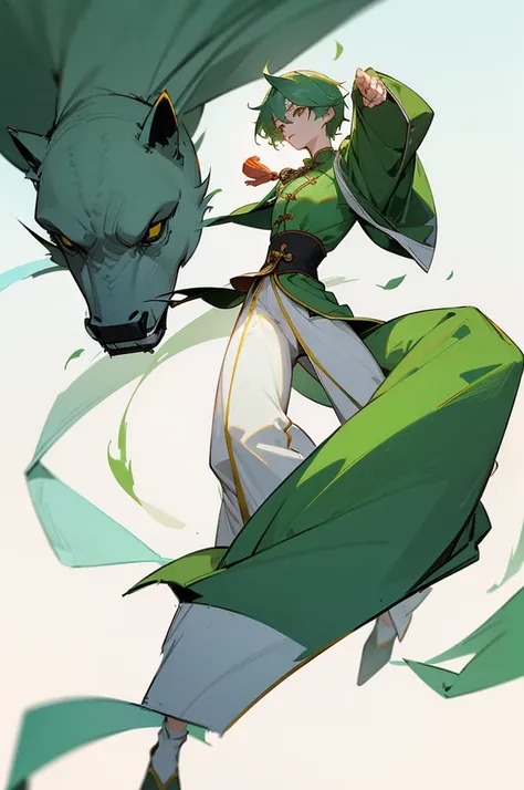 Green Hair、Her hair is short、small breast、upright stance、full body、Fighter、male、Uniform、Chinese Knight、Chinese style、White background、No exposure、China dress、pants、band、front、White clothes、Kung Fu、slender