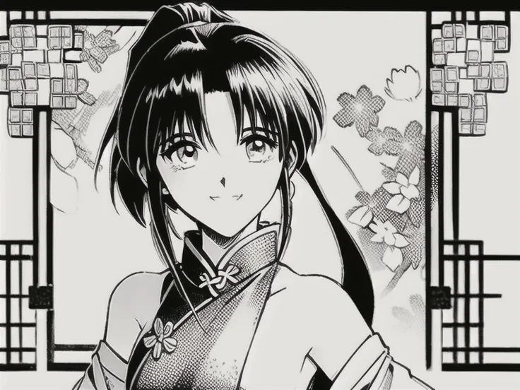 A stunning 17-year-old anime girl, solo and radiant, dons a breathtaking chinese dress, bare shoulder. Her slender body and long legs are showcased as she strikes a shy yet captivating smile. Her beautiful eyes sparkle under the gentle framing of her raven...