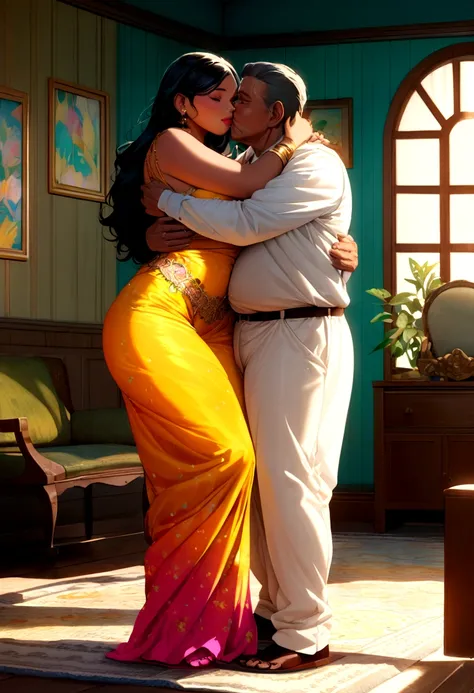 A radiant, full-figured South Indian plus-sized 30 year old teacher wearing a cream silky saree tenderly hugging and kissing a jubilant 20-year-old man in a living room, captured in a full-body image with vibrant hues and meticulous details.