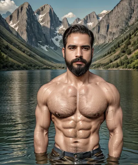 man with a beard and military shirt, standing at the edge of a lake, extremely handsome. (best quality,4k,8k,highres,masterpiece:1.2),ultra-detailed,(realistic,photorealistic,photo-realistic:1.37), detailed eyes, detailed lips, brown beard, muscular, confi...