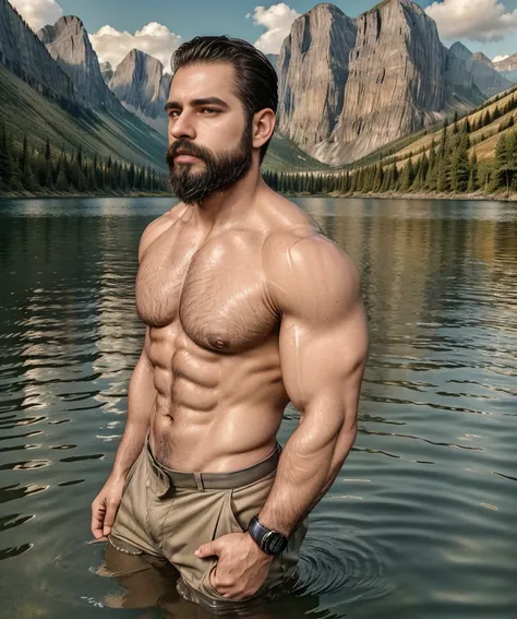 man with a beard and military shirt, standing at the edge of a lake, extremely handsome. (best quality,4k,8k,highres,masterpiece:1.2),ultra-detailed,(realistic,photorealistic,photo-realistic:1.37), detailed eyes, detailed lips, brown beard, muscular, confi...