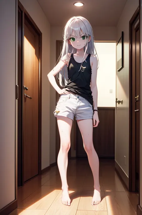 index, index, (green eyes:1.5), silver hair, long hair, (flat chest:1.2),smile,angry,sweat,sheer white tank top,shorts,barefoot,...