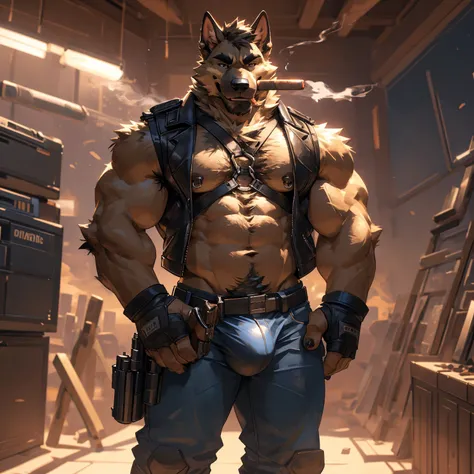 Solo, male, medium muscular, german shepherd, dog, biker, hairy chest, furry chest hair, shirtless, leather vest, blue jeans, leather chest harness, gun holster, gun, leather fingerless gloves, combat boots, boots, cigar, cigar in mouth, nipple piercing ((...