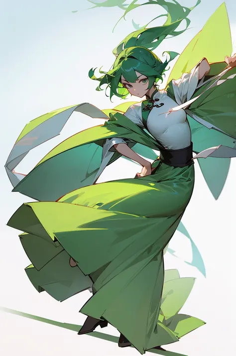 Green Hair、Her hair is short、small breast、upright stance、full body、Fighter、Uniform、Chinese Knight、Chinese style、White background、No exposure、China dress、pants、band、front、White clothes、Kung Fu、slender