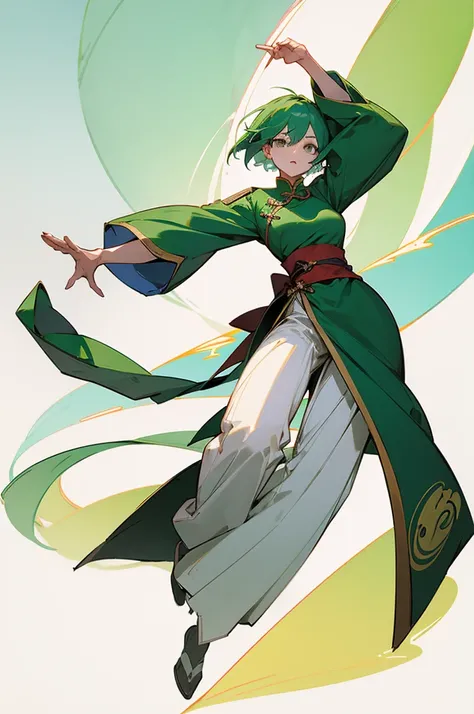 Green Hair、Her hair is short、small breast、upright stance、full body、Fighter、Uniform、Chinese Knight、Chinese style、White background、No exposure、China dress、pants、band、front、White clothes、Kung Fu、slender