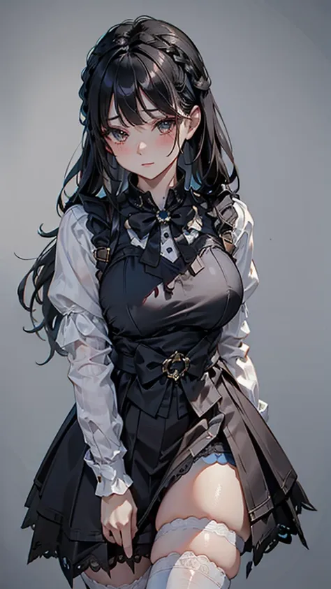 braid，单条braid，dress，蓝色dress，blue skirt，black hair，black hair，golden eyes，golden pupils，lace decoration，white knee socks，white ga...