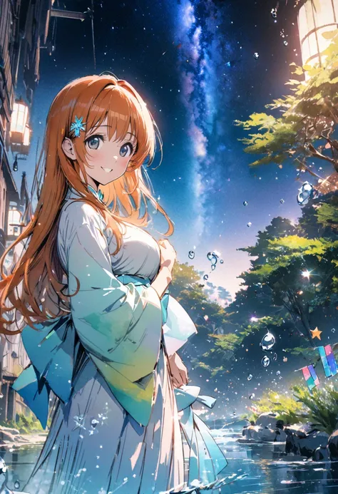 masterpiece,highest quality,ultra-detailed,high-definition background,8K,hi-res,high quality,BREAK,Water Drop,girl, japanese manga style, sketch, Watercolor Colors.Tanabata.milky way、((Orihime and Hikoboshi:1.5))、A radiant smile、Smile、Star of the sky、Myste...