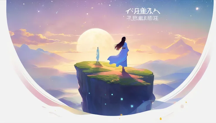 Cai GuoRUNs illustration style, 1girl, A woman in a long skirt stands on a cliff and looks up at the starry sky, Goddess of space, Milky Way Goddess, Goddess of Heaven, Astral Ethereal, dream, Beautiful celestial wizard, Beautiful fantasy painting, Beautif...