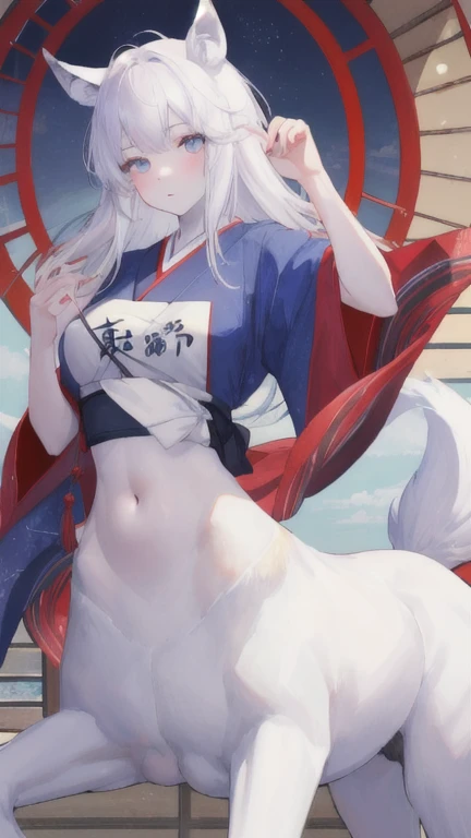 (best quality, masterpiece), 1 girl, centaur, It takes, White skin, Japanese  , exposing the abdomen,belly button t-shirt, beautiful girl perfect wolf photo, perfect wolf photo