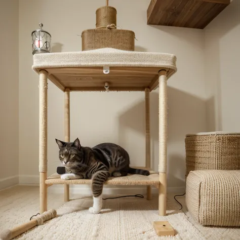 A scratching post and implement with a cat food dispenser, with a square and wide platform and above the scratching post is the cat bed(simple but pretty) and hanging a ball of wool from the cat&#39;s bed. (Everything made with recycled products or product...