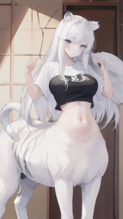 (best quality, masterpiece), 1 girl, centaur, It takes, White skin, Korean  , exposing the abdomen,belly button t-shirt, 아름다운 소녀 perfect white tiger photo, perfect white tiger photo