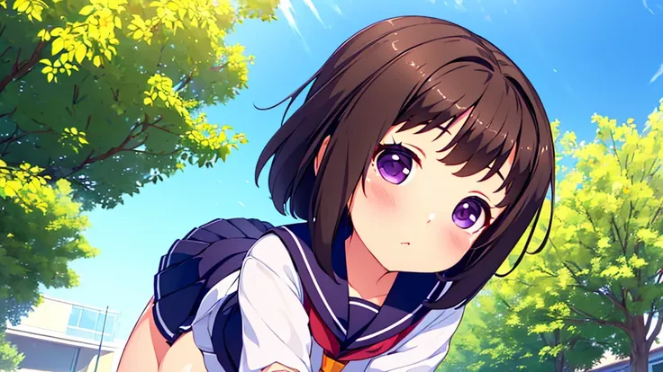 (High quality), (masterpiece), (very detailed), girl, (very small bust), short brown hair, purple eyes, shy face, (primary school loli), showing her thighs, on the school yard, sunny, camera angle from below, adorable eyes, (primar school uniform)