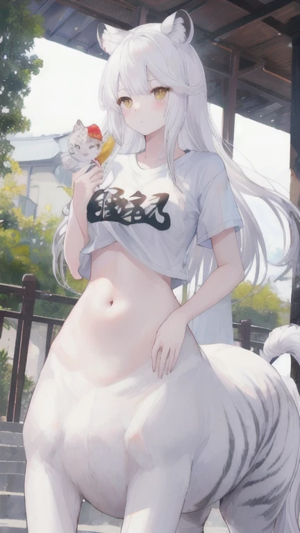 (best quality, masterpiece), 1 girl, centaur, It takes, White skin, Korean  , exposing the abdomen,belly button t-shirt, 아름다운 소녀 perfect white tiger photo, perfect white tiger photo