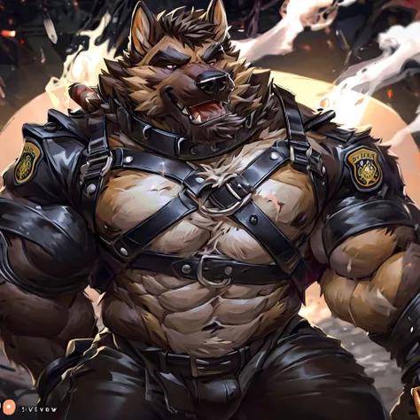 muscular male anthropomorphic german shepherd,open chest, black leather jacket, black leather harness, police badge, black leather pants, black leather boots, black fur on body, tan fur on body, light light brown fur on body, cigar lit in mouth, black leat...