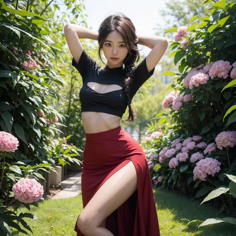 Beautiful Japanese Waifu, early 30s, brunette hair, cropped black top, red dress