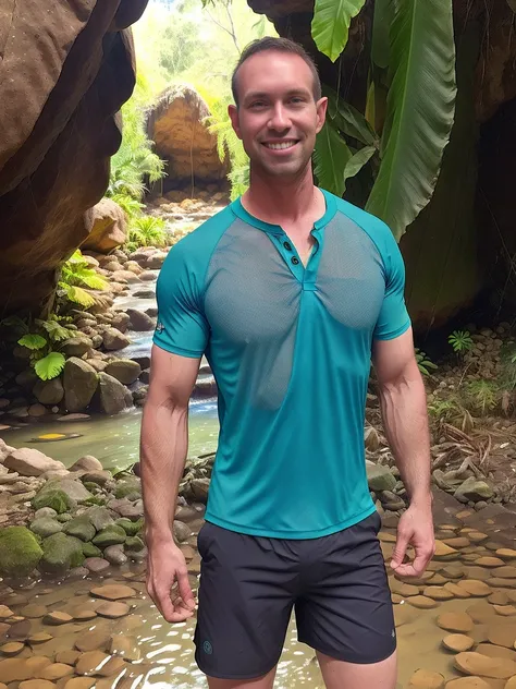 a man holding an intertube, standing in jungle stream with cave in background, swim shorts, headlamp, lifevest. instagram photo best quality, 4k, cave exploring, wet jungle green shirt cave tubing