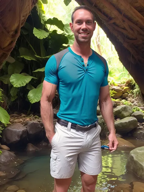 a man holding an intertube, standing in jungle stream with cave in background, swim shorts, headlamp, lifevest. instagram photo ...