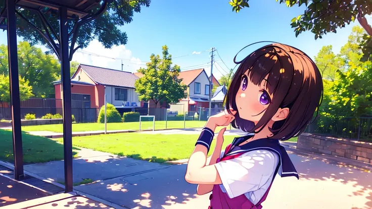 (High quality), (masterpiece), (very detailed), girl, (very small bust), short brown hair, purple eyes, shy face, (primary school loli), showing her thighs, on the school yard, sunny, camera angle from below, adorable eyes, (primar school uniform)