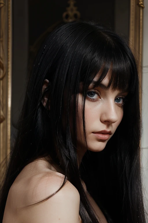 Masterpiece, Best Quality, A very beautiful and mysterious woman with long straight black hair, big blue eyes and pale complexion, gothic, from Madrid, 22 years, very elegant, sexy, hair like Cleopatra