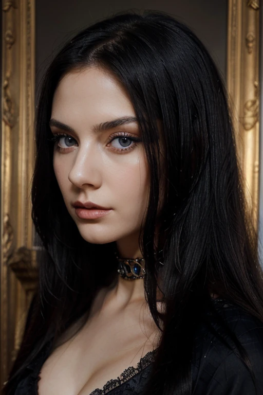 Masterpiece, Best Quality, A very beautiful and mysterious woman with long straight black hair, big blue eyes and pale complexion, gothic, from Madrid, 22 years, very elegant, sexy, hair like Cleopatra