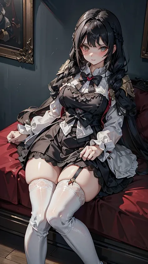 braid，单条braid，Dress，蓝色Dress，Blue skirt，Black Hair，Black Hair，Golden Eyes，Golden pupils，Lace decoration，White knee socks，White garter stockings，White socks，White tights，White Silk，Black boots，Black boots，Sassy，Handsome，murderous，murderous，Vicious，cool girl，...