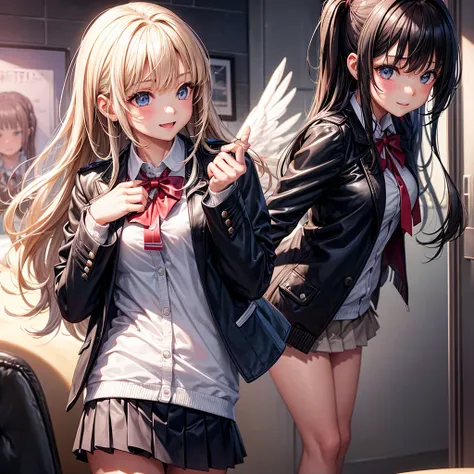 middle School girls，smile，Beautiful girlultiple girls，Angelic beautiful girl，leather jacket，未来のuniform，The best quality to get you horny，Perfect Girl，Super cute girl，uniform，blazer，cardigan，Long Hair、She has her bangs down，Ultra HD，Young girl，sex，Naughty G...