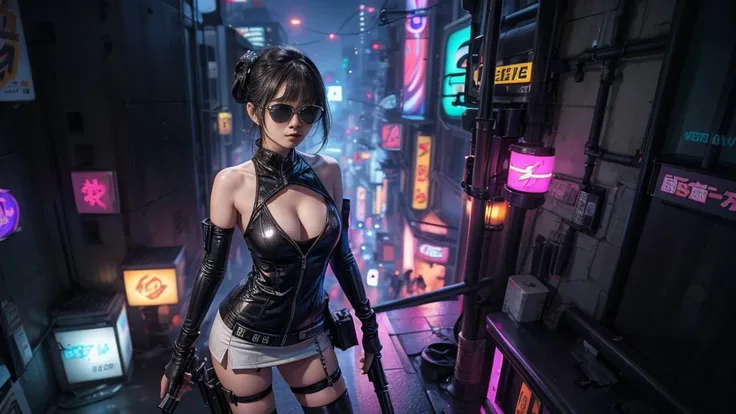 8k, Realistic Skin Texture, Realistic Photo, Neo Tokyo, slim women, large-breast:1.4 cleavage:1.3, AD2050 at night, Dirty hunting jacket, Wearing tube top, miniskirt, (((black sunglasses, automatic rifle, sneakers, cold, shooting pose, very low angle view)...