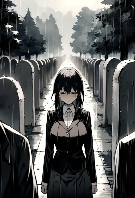 busty teenager, with few clothes, leaving a funeral, crying, rainy day, trees, cemetery, black fur, sad image, personas crying